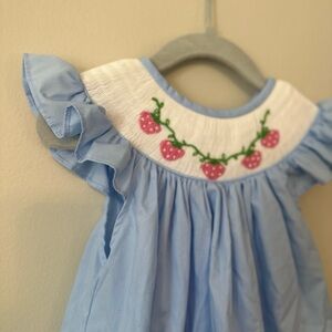Light Blue Smocked Strawberry Baby Dress